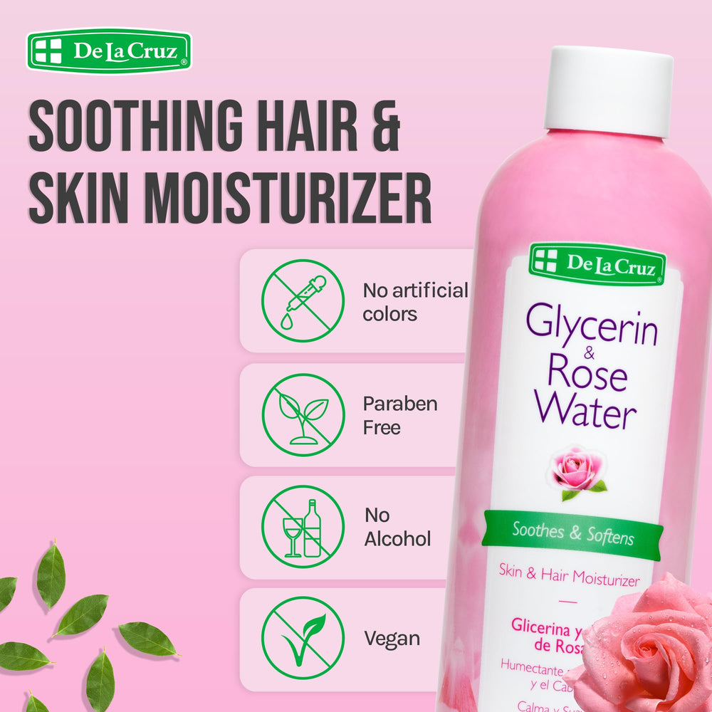 De La Cruz Rose Water and Glycerin bottle back showing ingredients and USA-made quality.