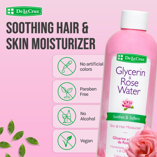 De La Cruz Rose Water and Glycerin bottle back showing ingredients and USA-made quality.