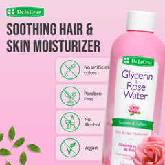De La Cruz Rose Water and Glycerin bottle back showing ingredients and USA-made quality.