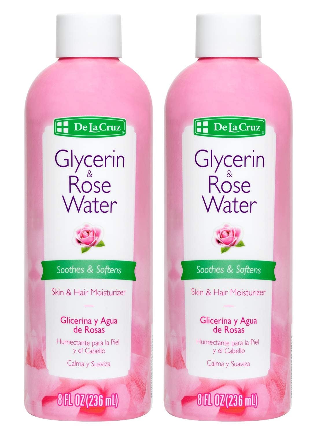 De La Cruz Rose Water and Glycerin bottle front view for skin hydration.