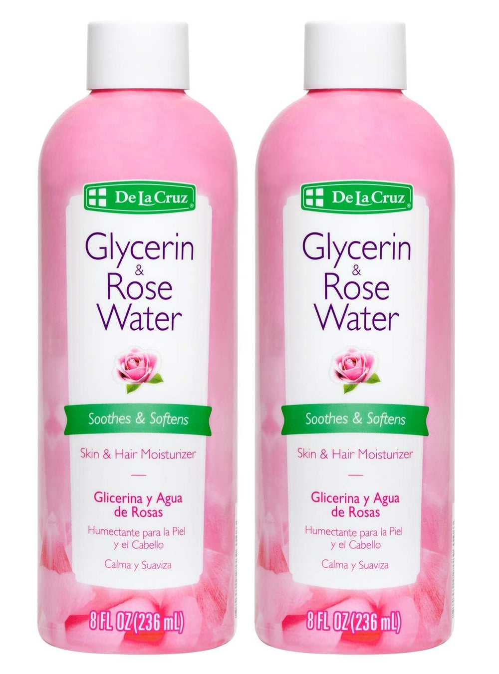 De La Cruz Rose Water and Glycerin bottle front view for skin hydration.