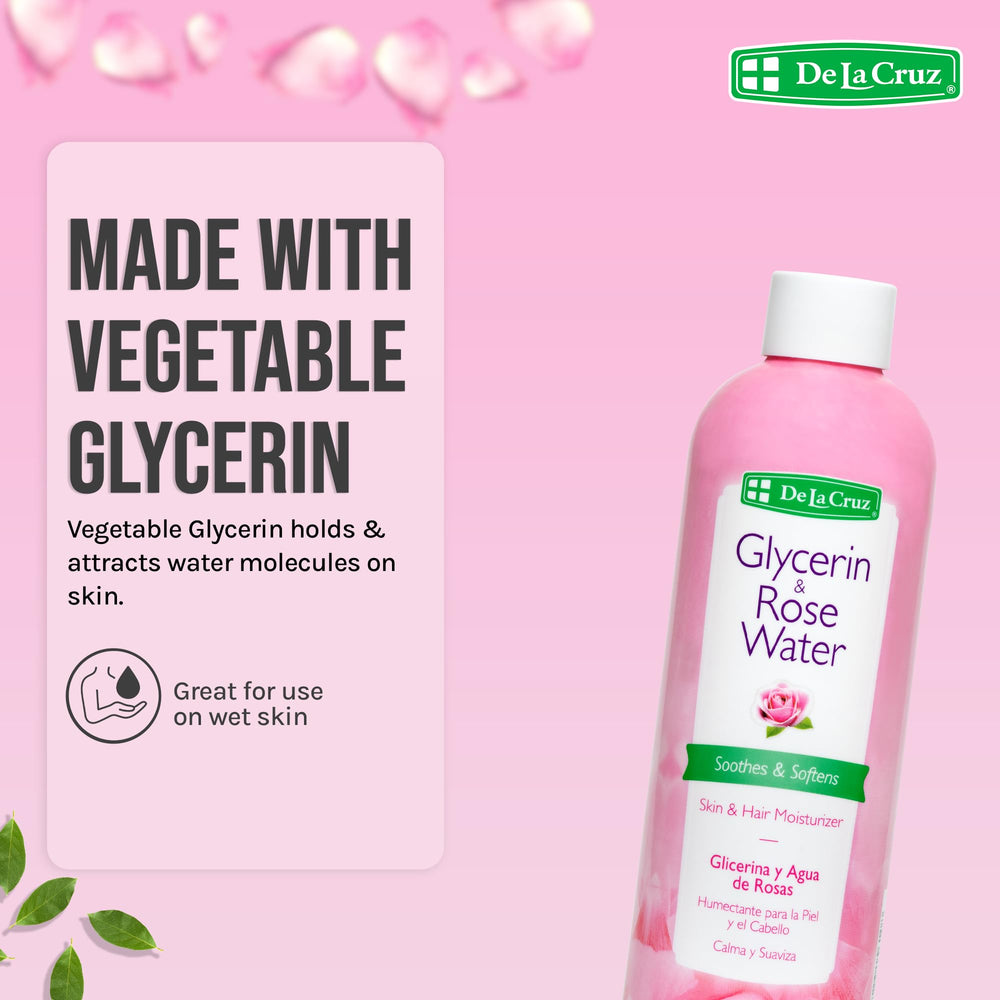De La Cruz Rose Water Glycerin used on hair and skin application.