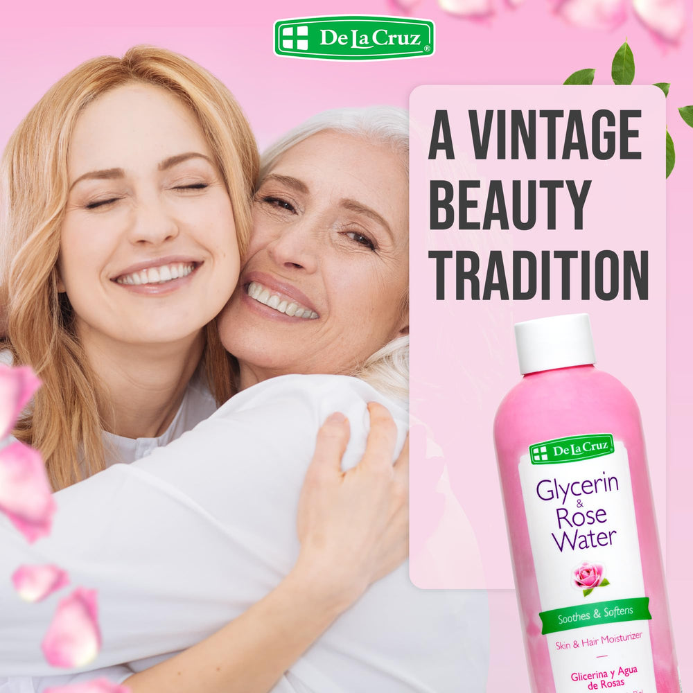 Close-up of rose petals in De La Cruz Rose Water for a natural fragrance.