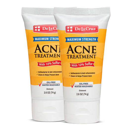 De La Cruz sulfur ointment bottle close-up showing 10% sulfur for cystic acne support.