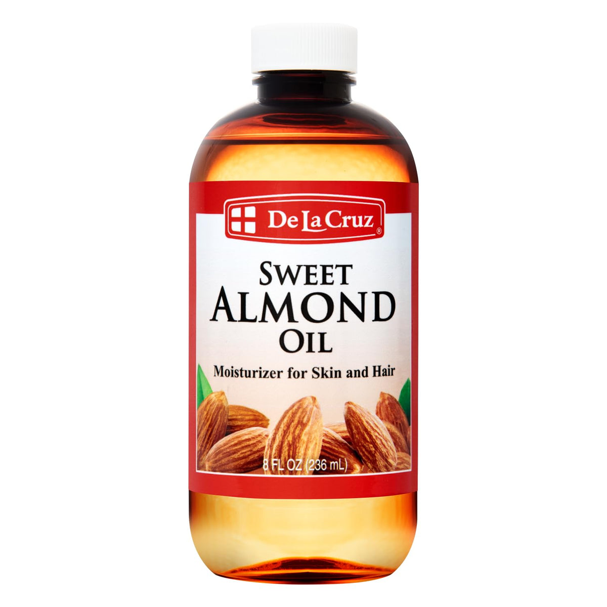 De La Cruz Sweet Almond Oil bottle ready for skin and hair use.