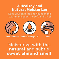 De La Cruz Sweet Almond Oil on hair for natural shine.