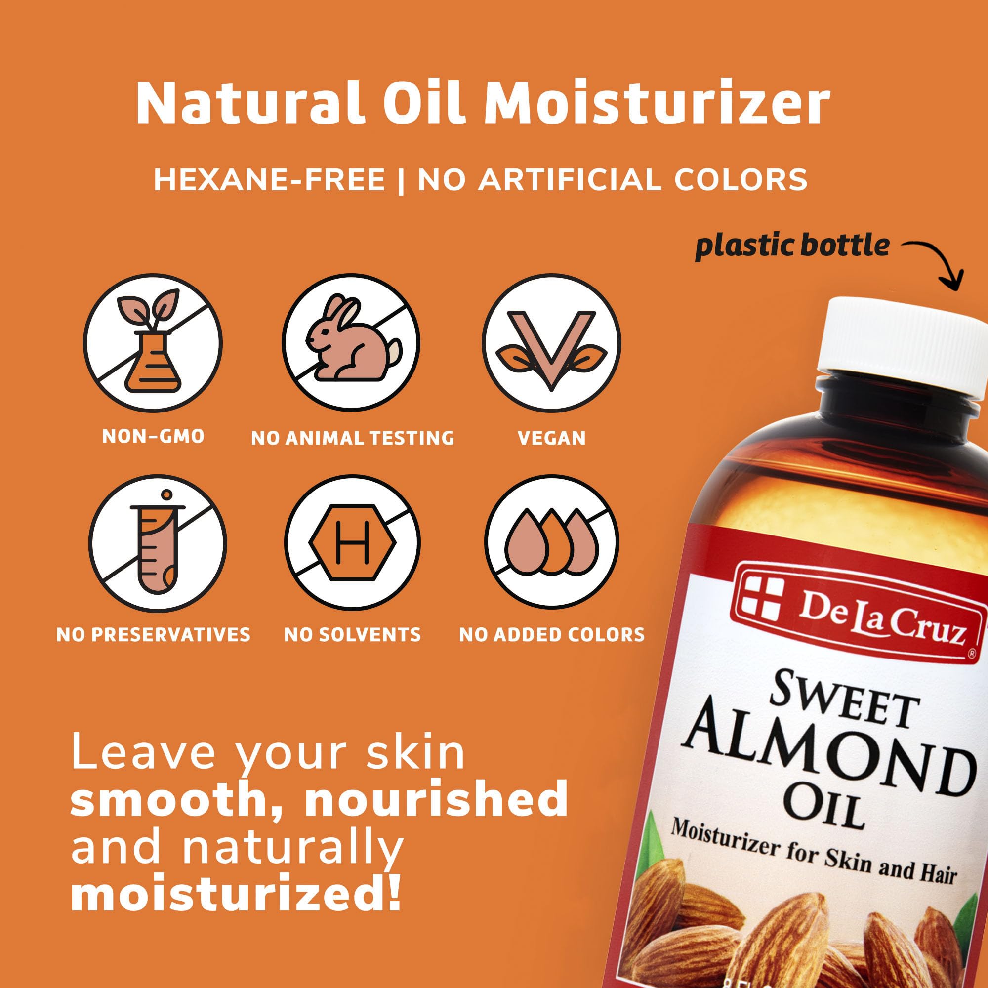 De La Cruz Sweet Almond Oil skin application with gentle moisturization.