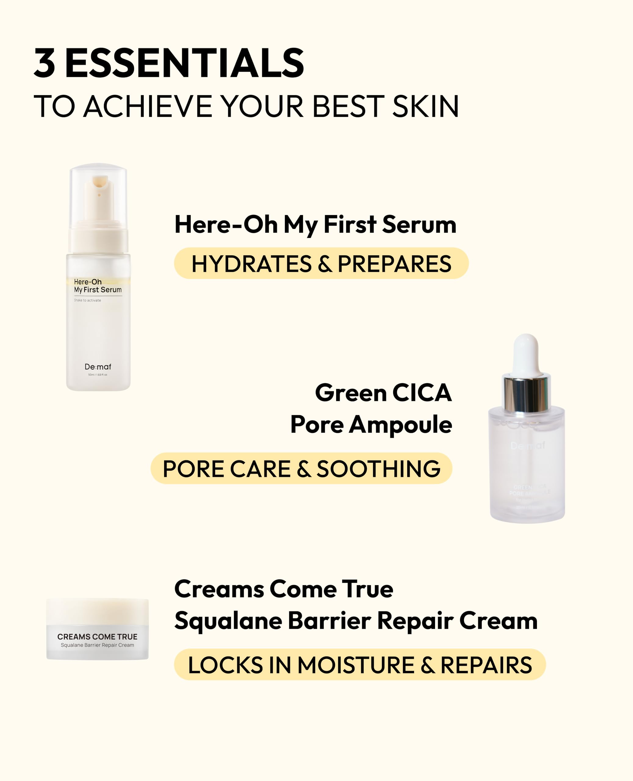 De:maf Green CICA Pore Ampoule bottle highlights soothing formula for sensitive skin.