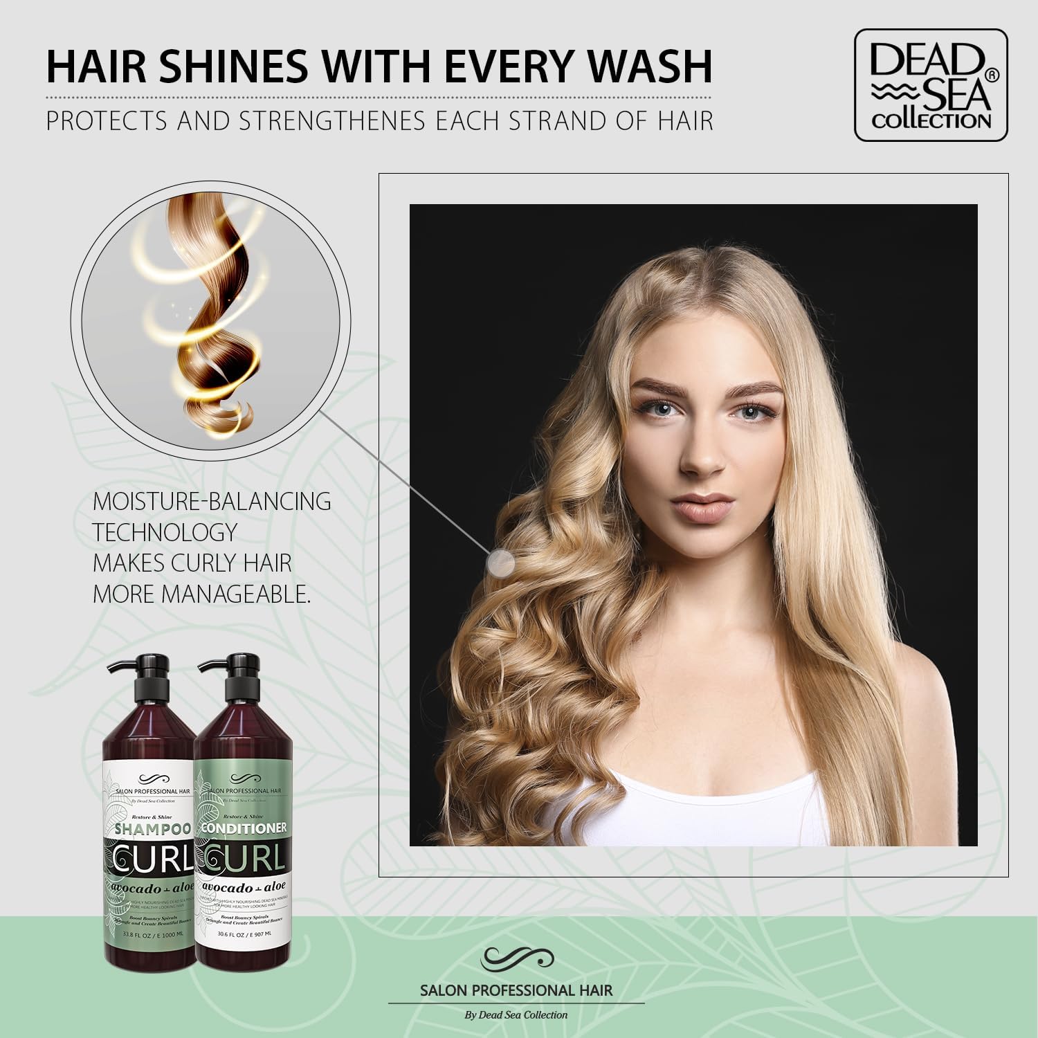 Dead Sea Collection avocado-aloe splash shows hydrating ingredients in action on hair.