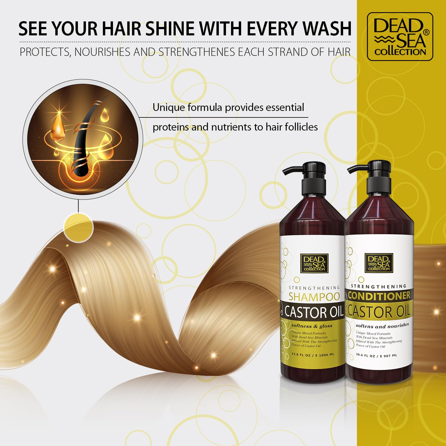 Dead Sea Collection castor oil bottle nourishes and moisturizes hair.