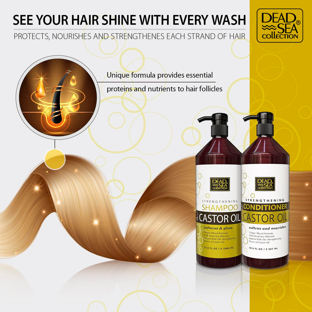 Dead Sea Collection castor oil bottle nourishes and moisturizes hair.