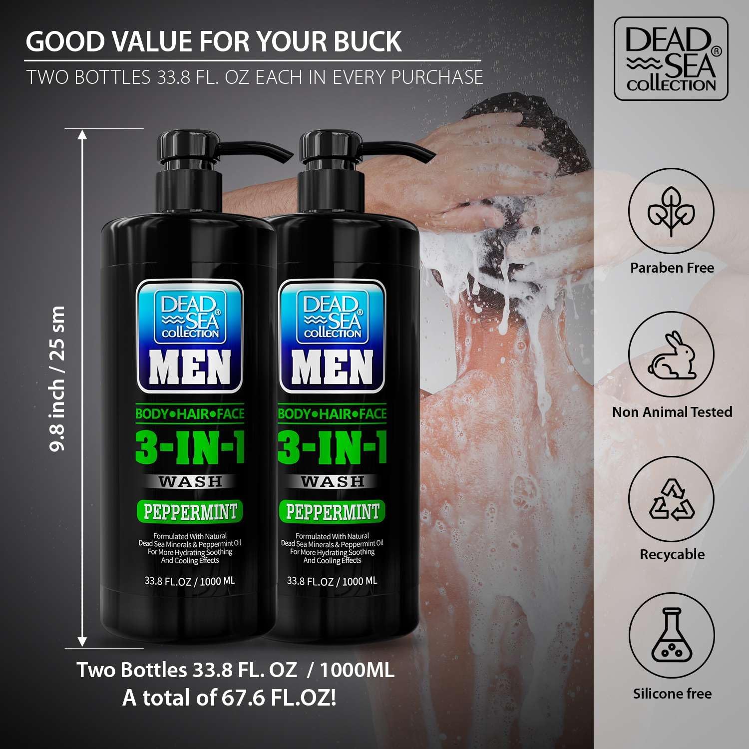 Dead Sea Collection Peppermint Men’s Body Wash cleanses hair, face, and body smoothly.