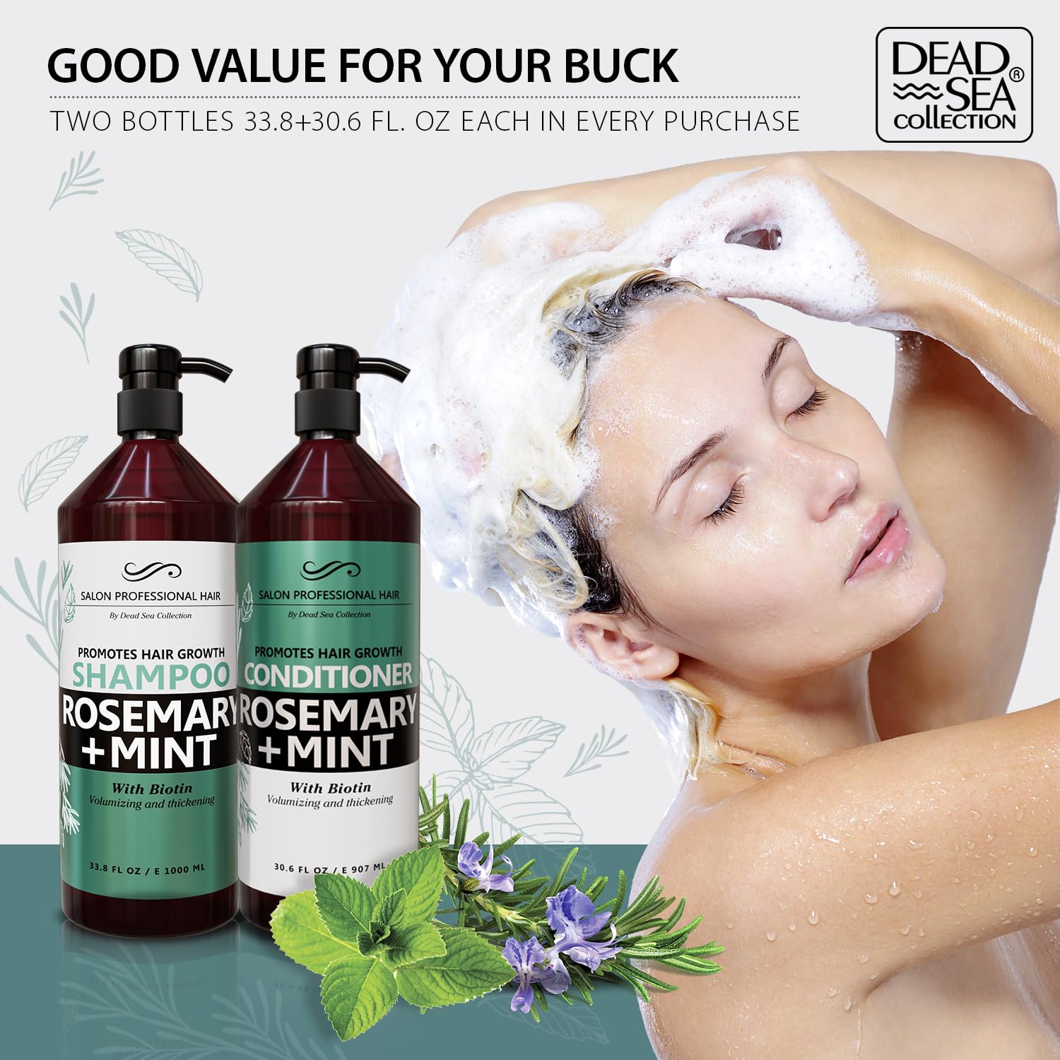 Dead Sea Collection pump dispenser on bottle for easy, even distribution.