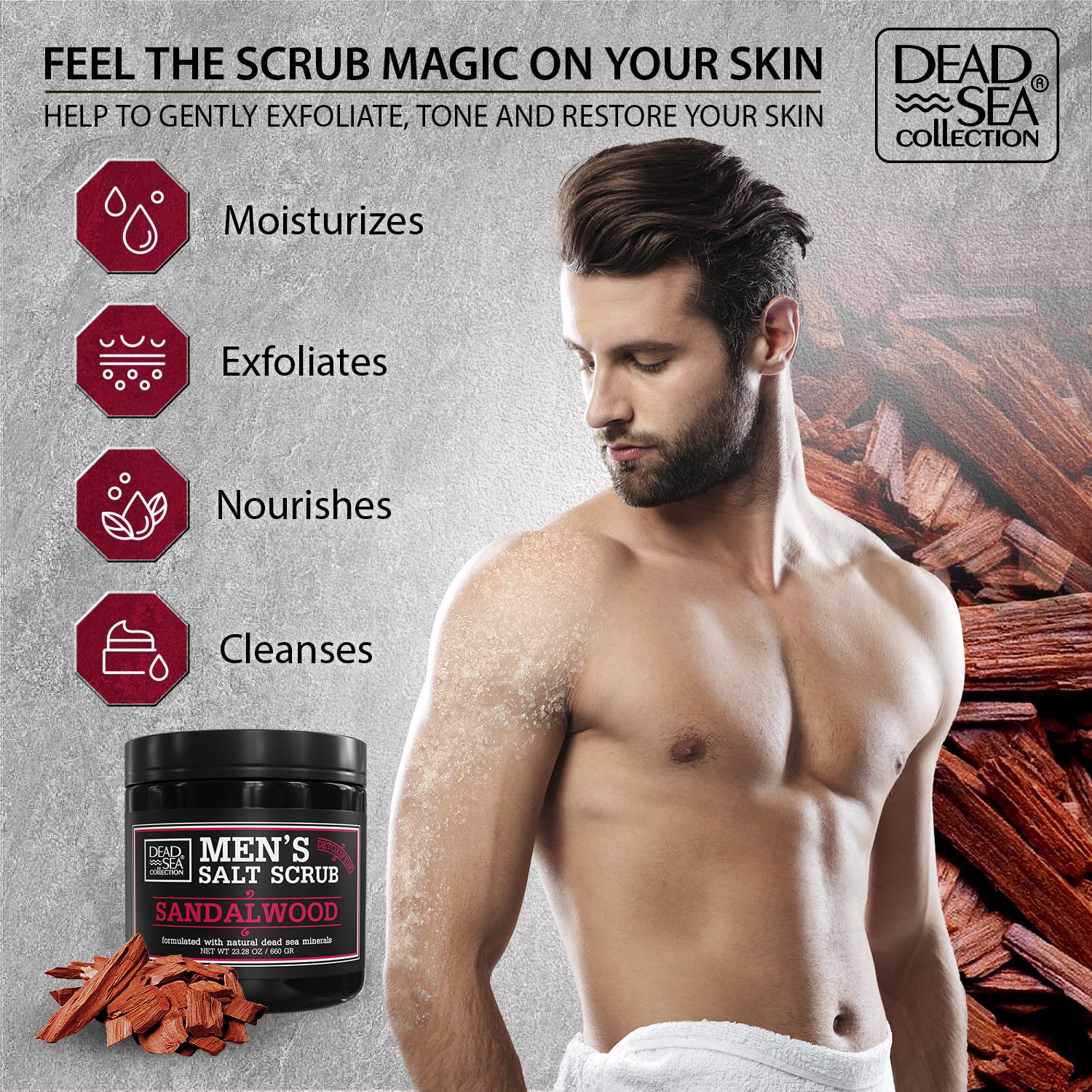 Close-up of Dead Sea Collection Scrub showing sandalwood aroma on skin