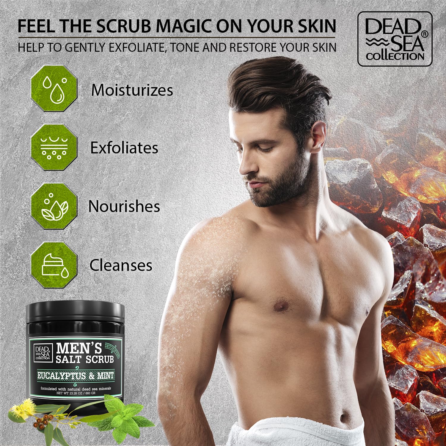 Closeup of textured scrub shows exfoliation action and refreshing aroma.