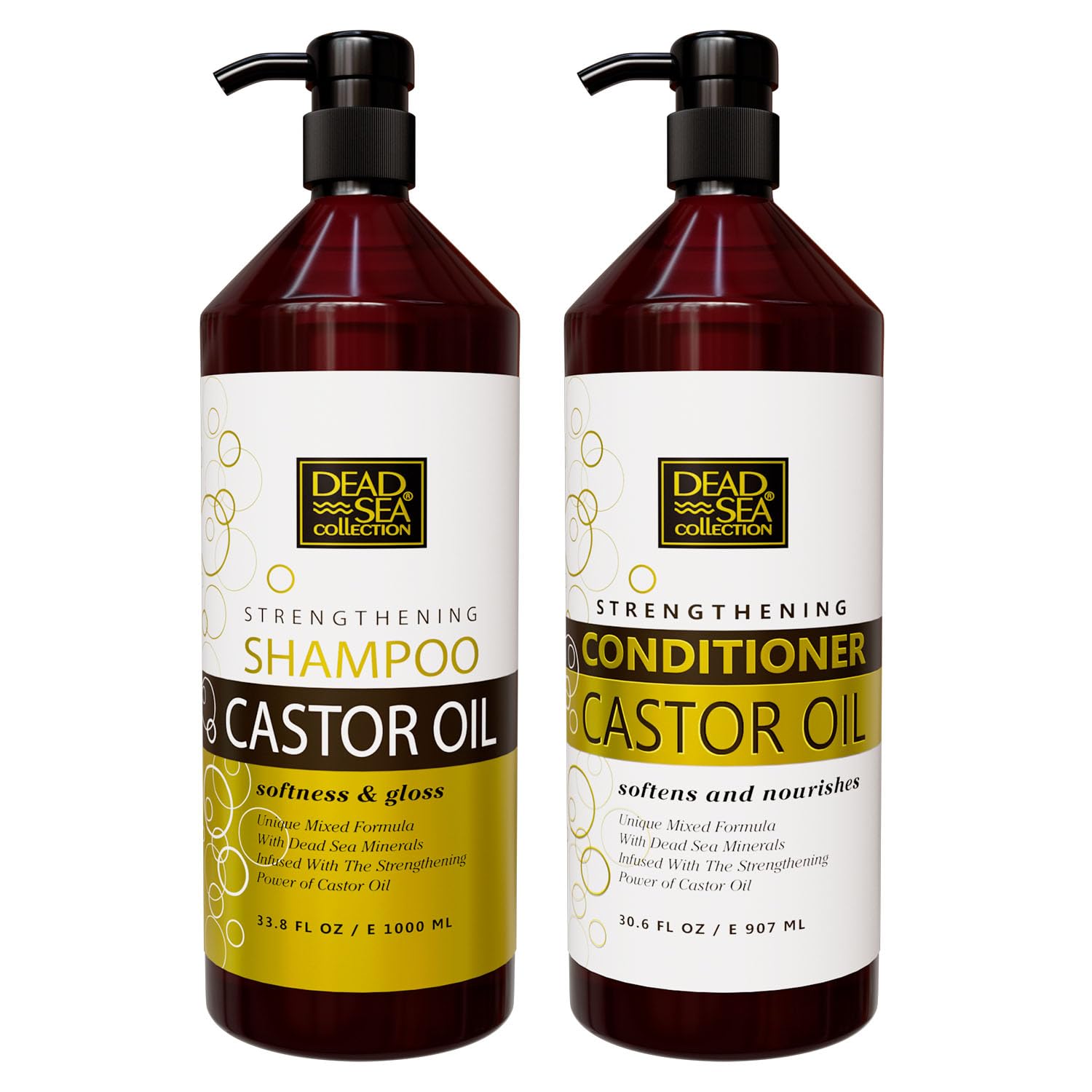 Dead Sea Collection shampoo bottle with minerals promotes smoother, stronger hair.