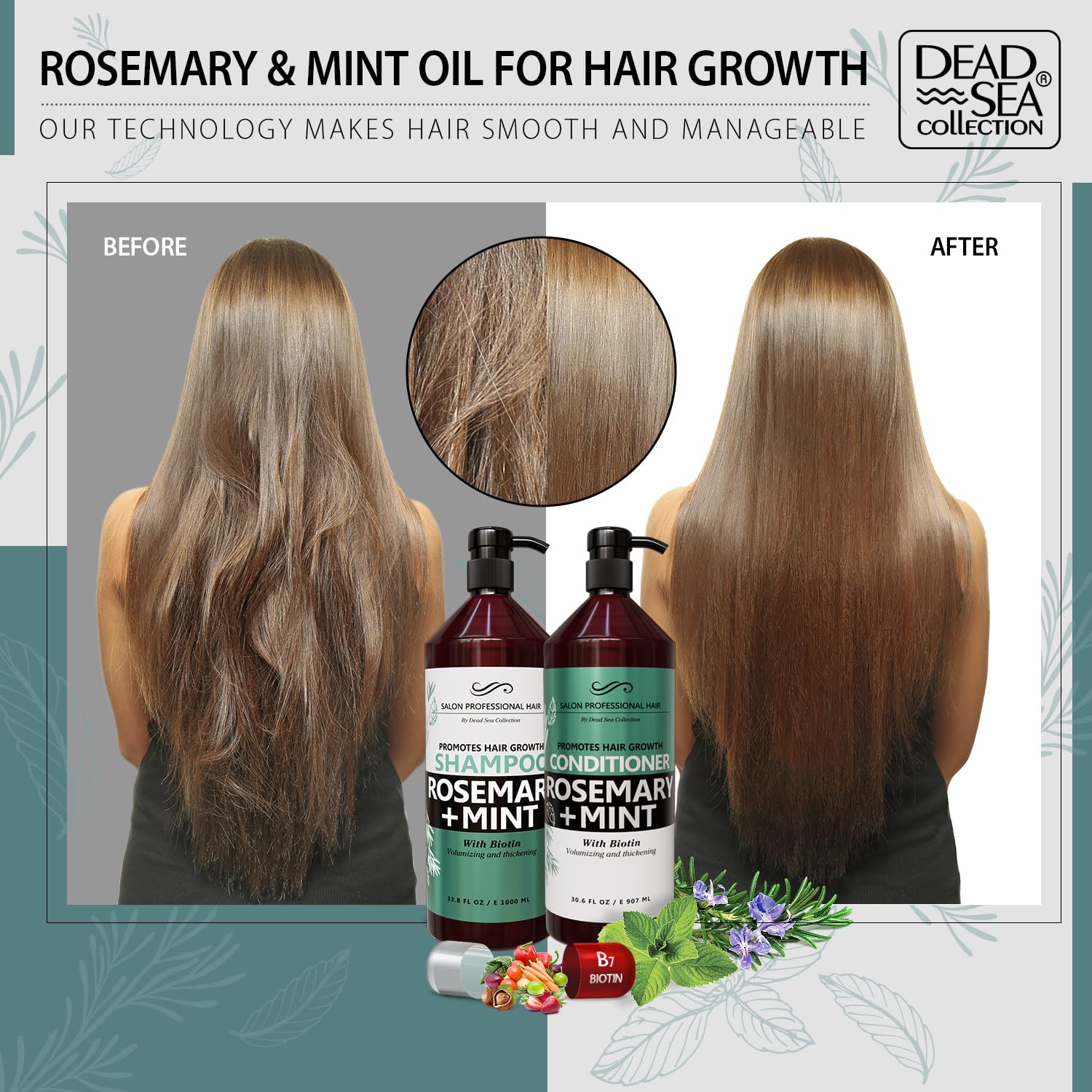 Dead Sea Collection bottle shows shine after wash for healthy-looking hair.