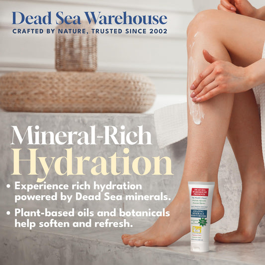 Dead Sea Warehouse Amazing Minerals Moisturizer cream swirl shows rich texture for quick absorption