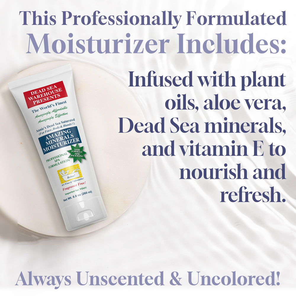 Dead Sea Warehouse Amazing Minerals Moisturizer packaging two-pack saves space and money
