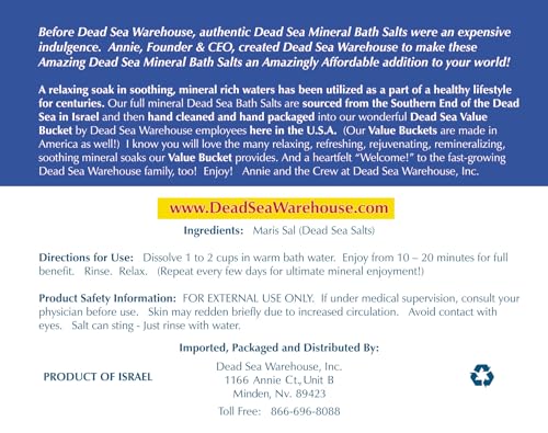 Packaging view of Dead Sea Warehouse bath salts, premium mineral blend for skin comfort