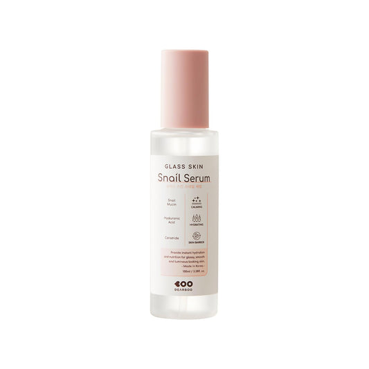 DEARBOO Glass Skin Snail Serum bottle close-up for hydration and radiance.