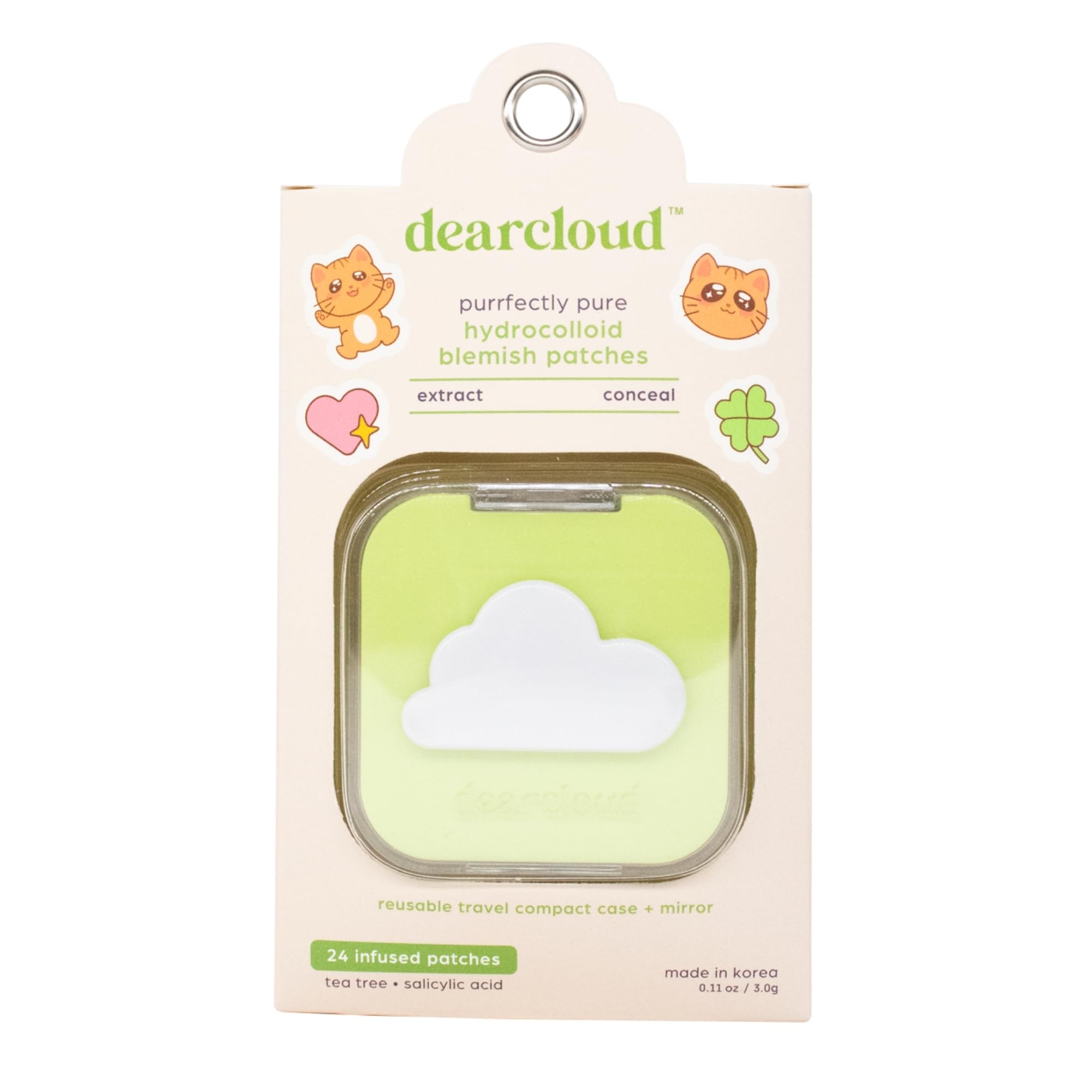 dearcloud cat-shaped hydrocolloid patches on a reflective compact case