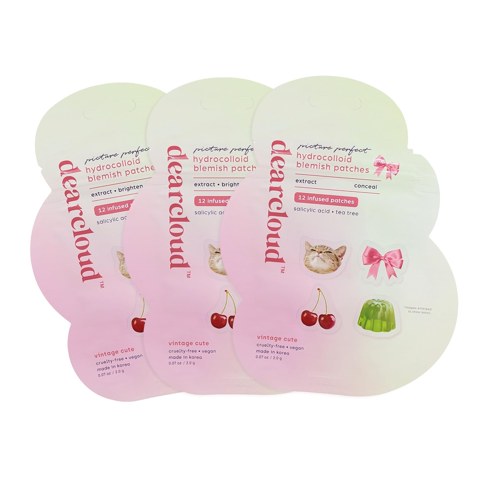 Dearcloud hydrocolloid patches with kitten-face design conceal blemishes while shielding skin.