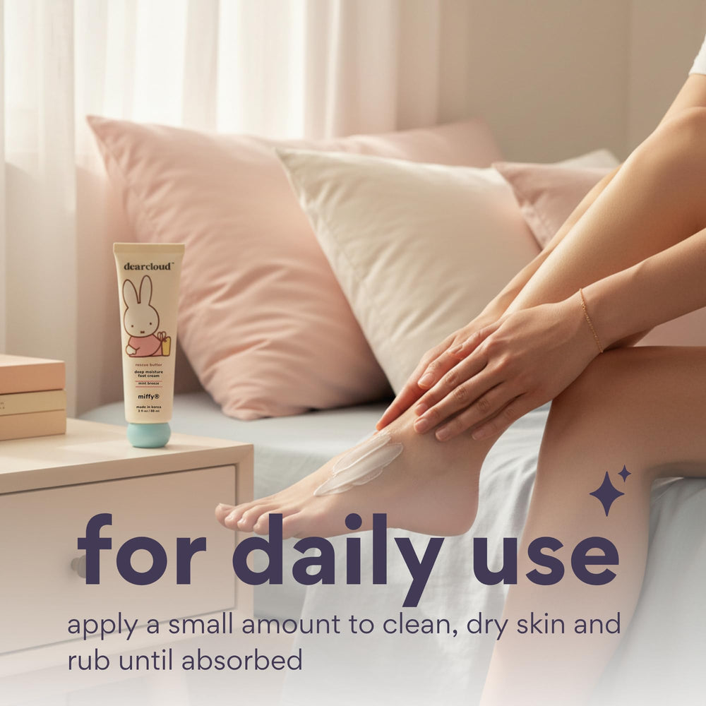 Applying Dearcloud Miffy Rescue Butter Foot Cream on the heel for smooth skin
