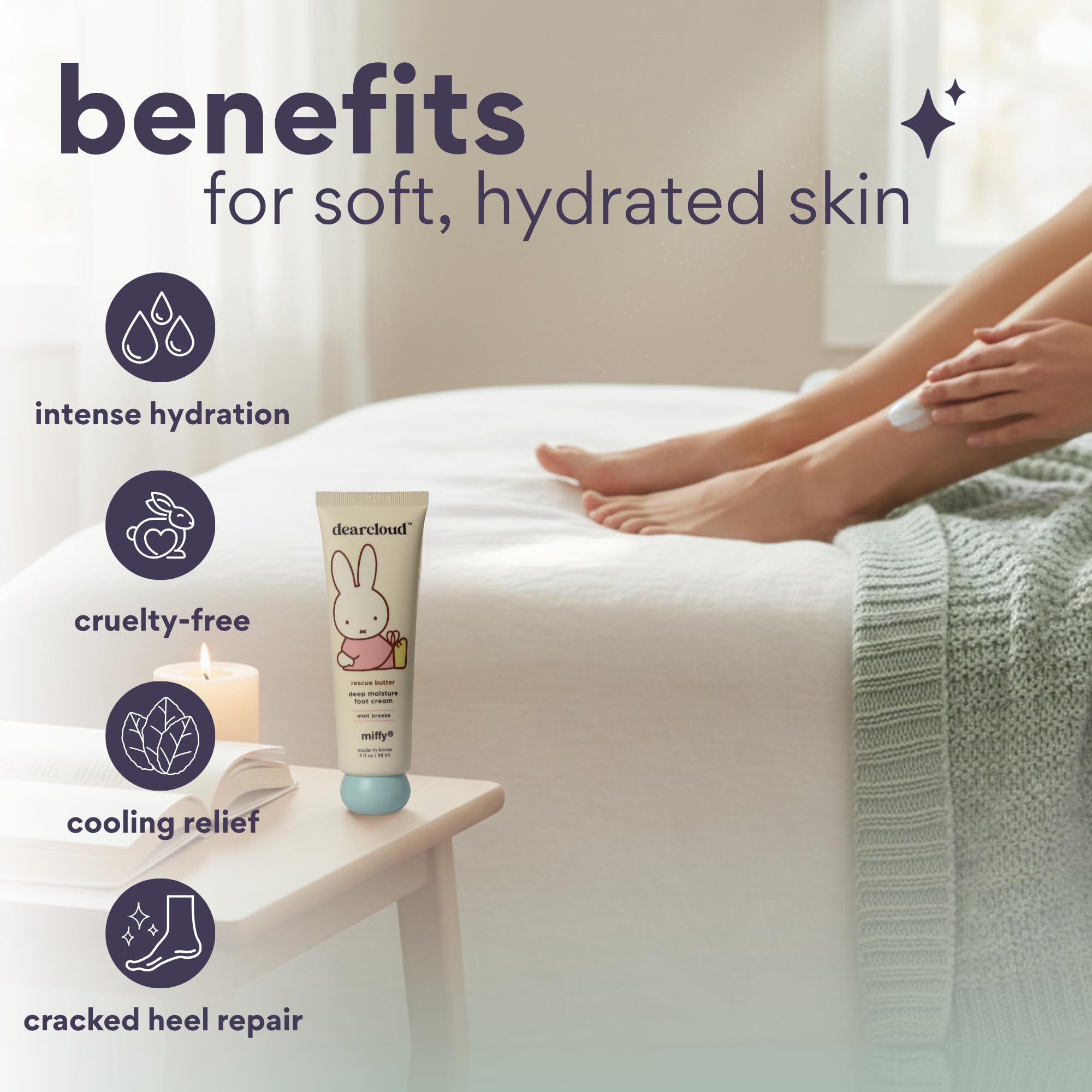 Texture swatch of Dearcloud Miffy Rescue Butter Foot Cream on skin for hydration