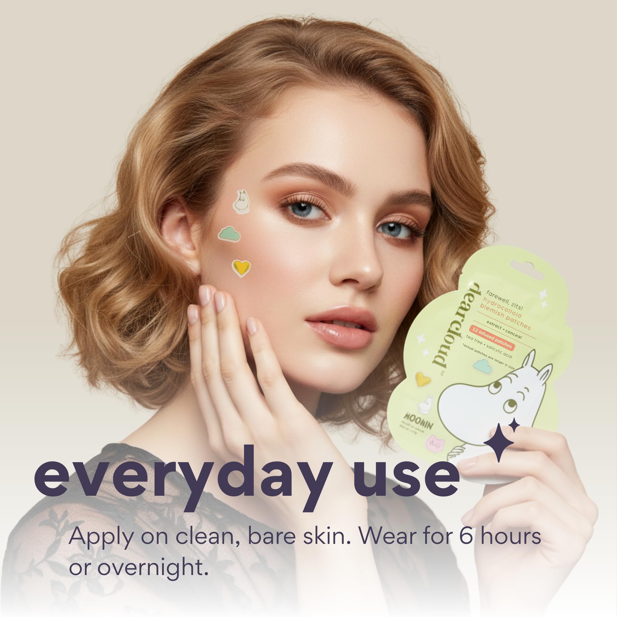 Dearcloud Moomin patch daytime wear blends with skin for minimal visibility.