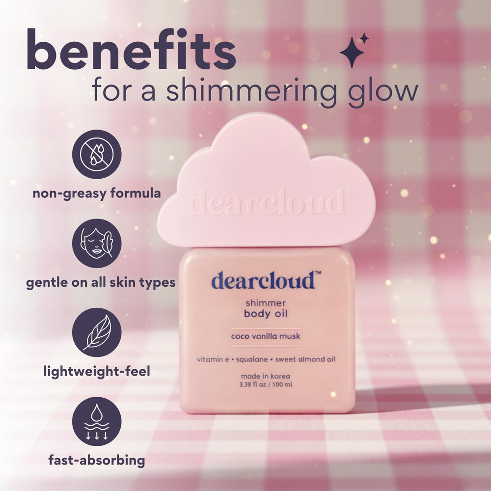 Dearcloud Shimmer Body Oil apply shows a subtle shimmer on smooth skin.
