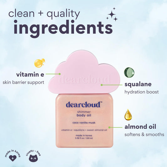 Dearcloud Shimmer Body Oil pour demonstrates quick absorption without a greasy feel.