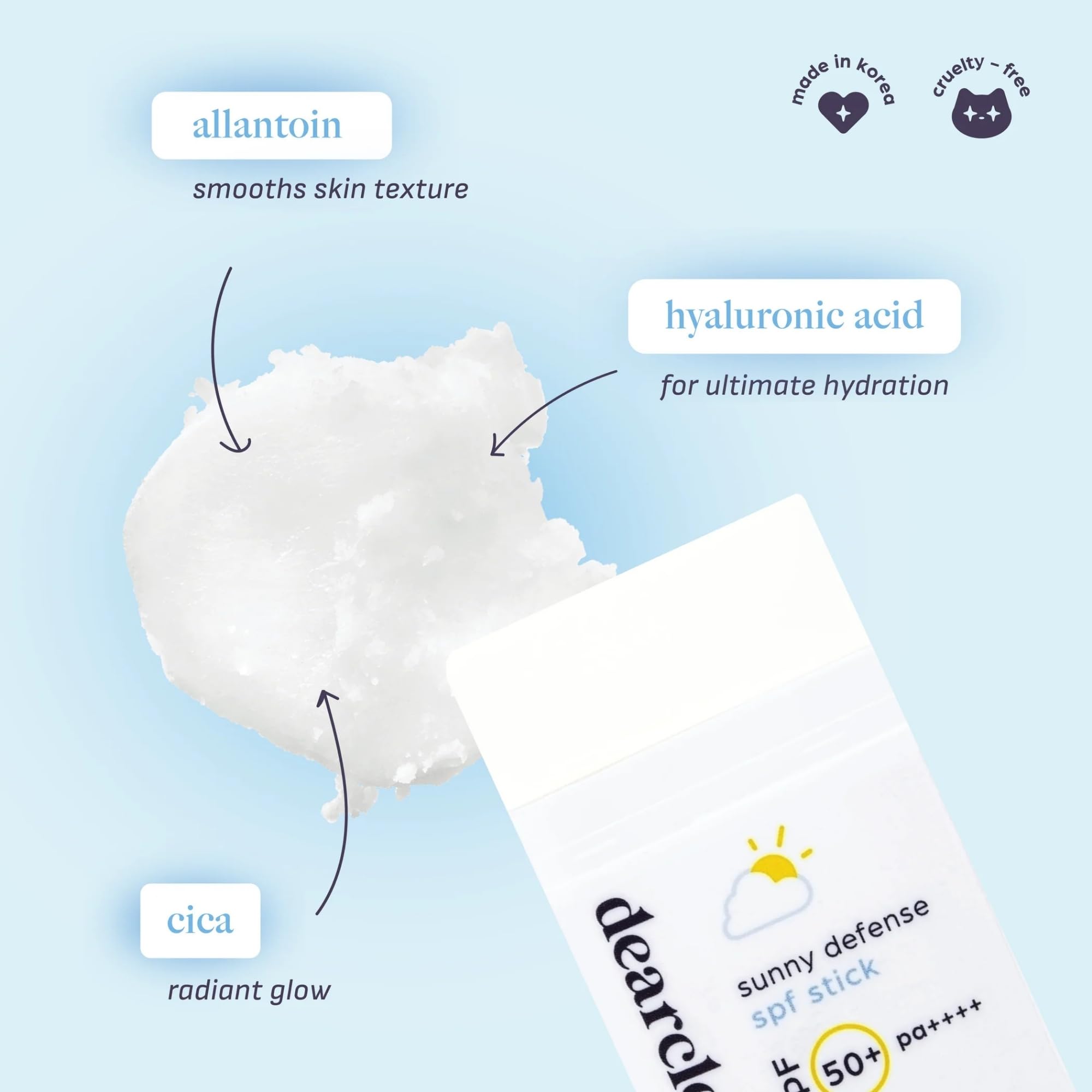 dearcloud Sunny Defense Sunscreen Stick SPF 50+ PA++++ protection shown for sun defense.