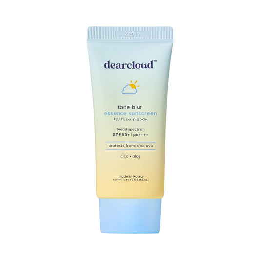 Dearcloud Tone Blur Essence Sunscreen bottle close-up shows sleek, skincare-forward packaging with protection focus