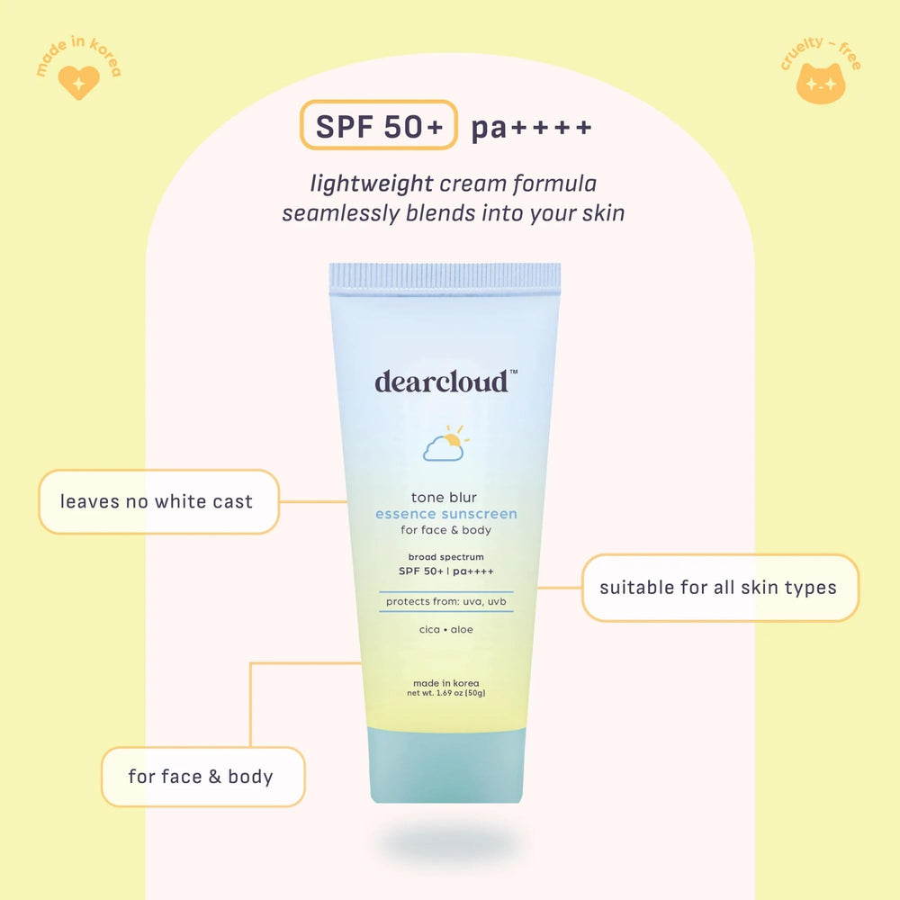Close-up of Dearcloud SPF 50+ PA++++ sunscreen with translucent, sheer finish