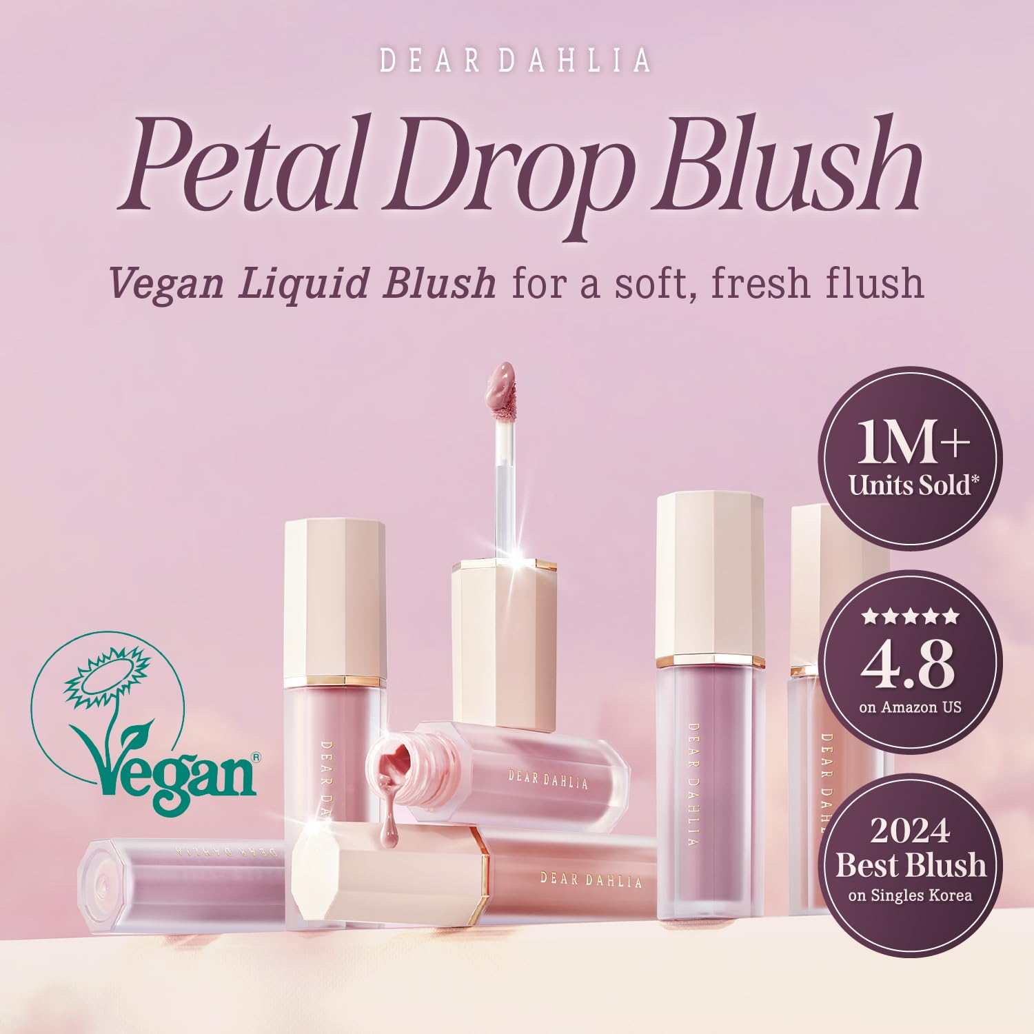 DEAR DAHLIA Petal Drop Blush Glory cheek swatch shows buildable color.