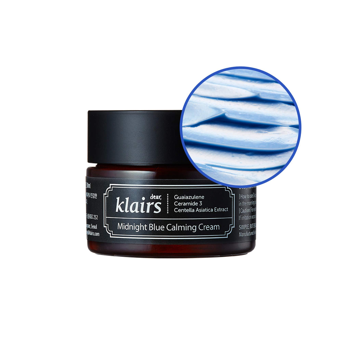 DearKlairs Midnight Blue Calming Cream jar showing soothing blue texture for sensitive skin