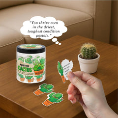 DEARMINE cactus designs on cards close-up with uplifting messages.