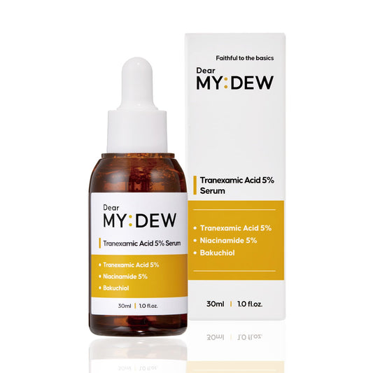 DearMYDEW 5 percent Tranexamic Acid Serum bottle with drop for brightening and even skin tone
