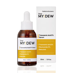 DearMYDEW 5 percent Tranexamic Acid Serum bottle with drop for brightening and even skin tone