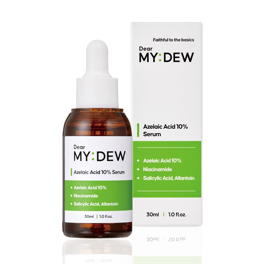 DearMYDEW azelaic serum bottle with quick absorption and lightweight feel.