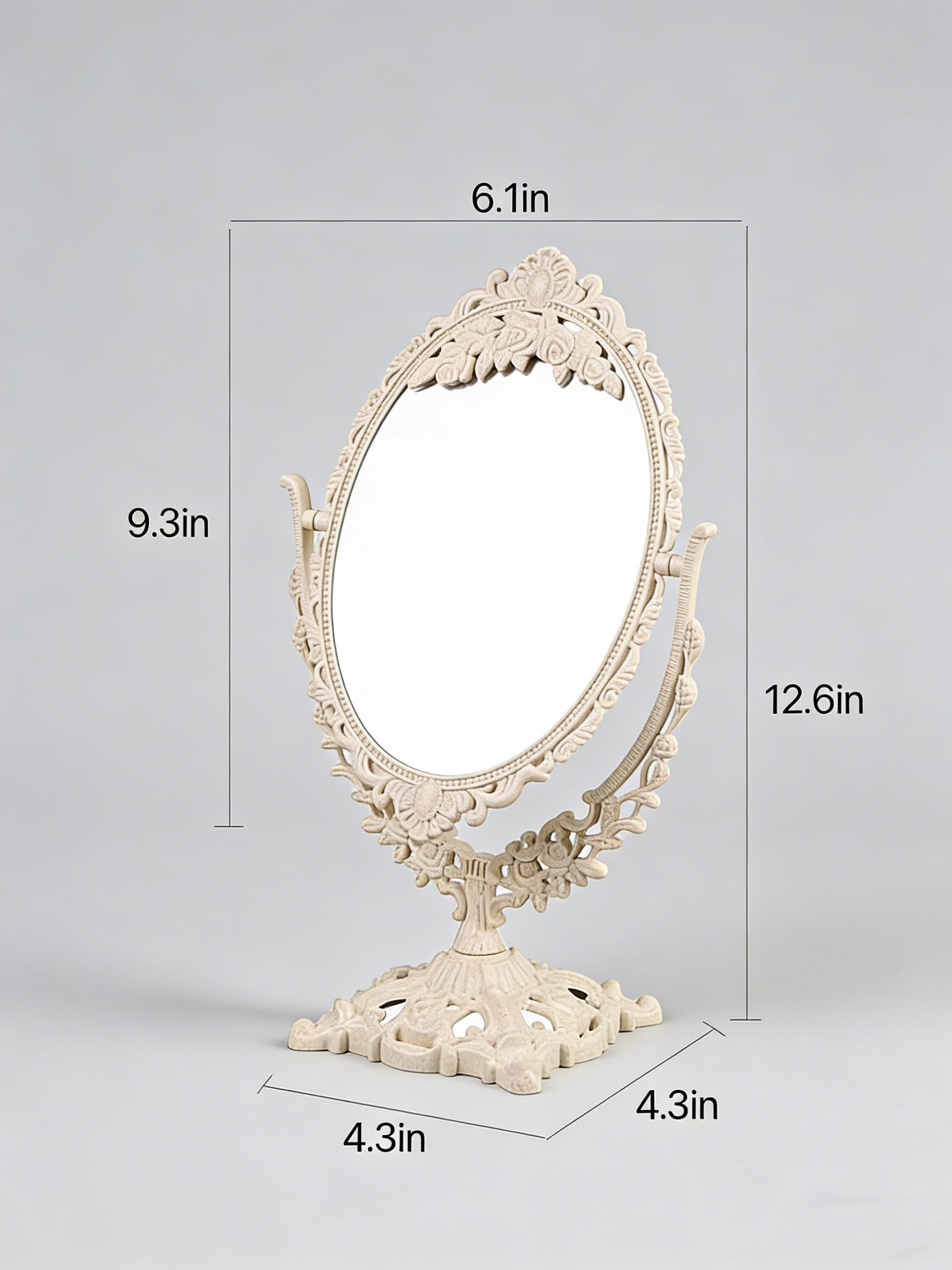 DECADENCE compact vanity mirror 12.6in by 6.1in fits small spaces.