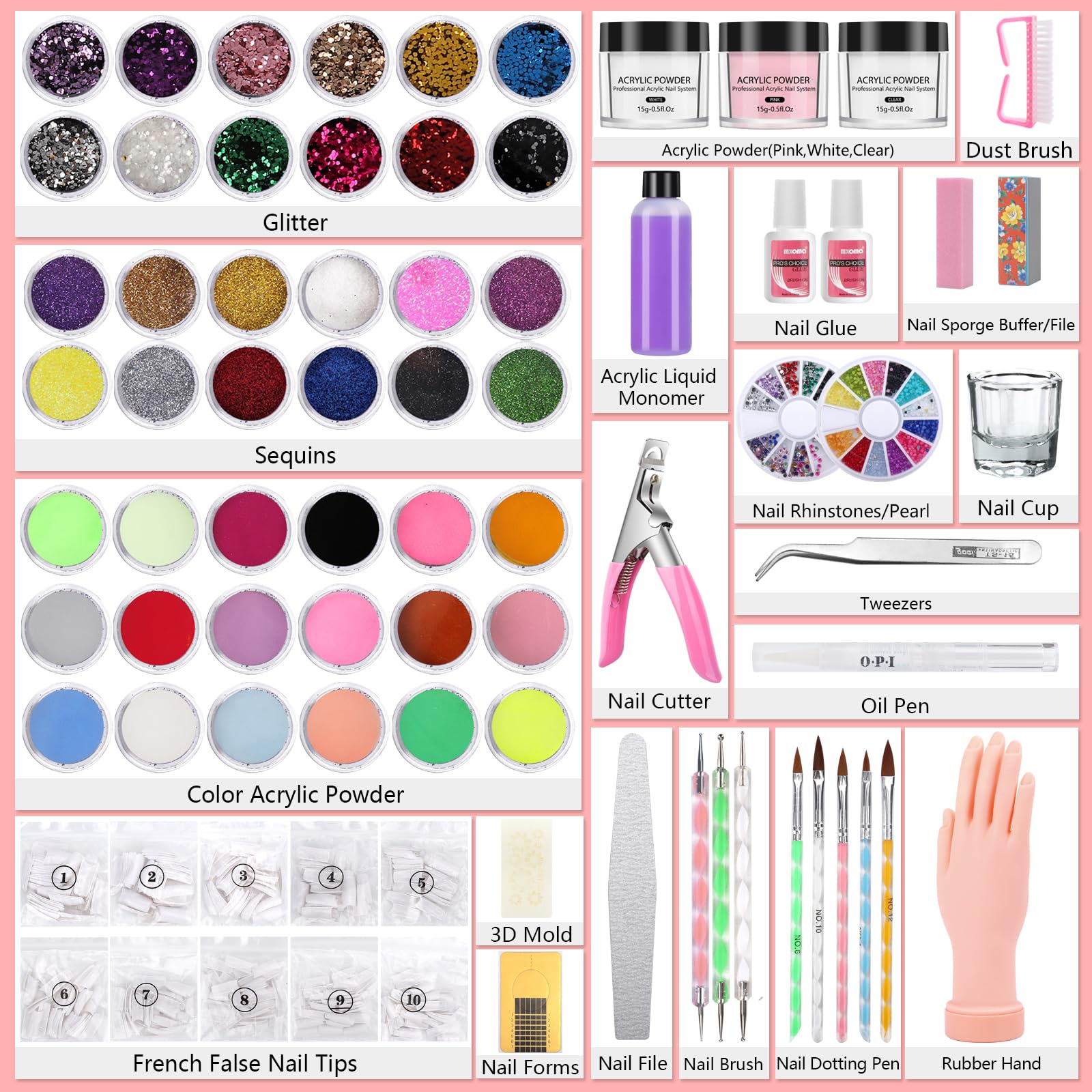 Deciniee powder colors pink white and clear for versatile nail art