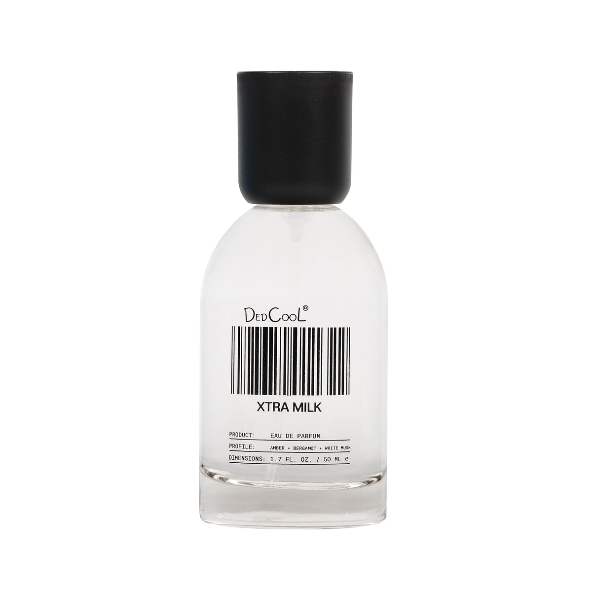 DedCool Xtra Milk bottle close-up highlights bergamot and amber for everyday elegance.