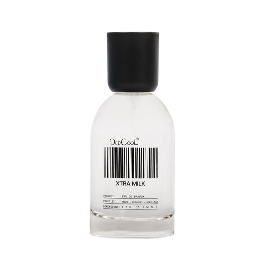 DedCool Xtra Milk bottle close-up highlights bergamot and amber for everyday elegance.