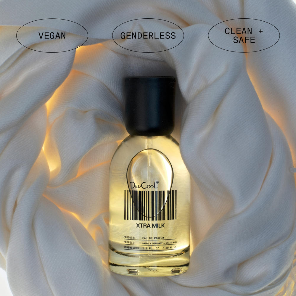 DedCool Xtra Milk lifestyle scene features a contemporary, unisex fragrance personality.