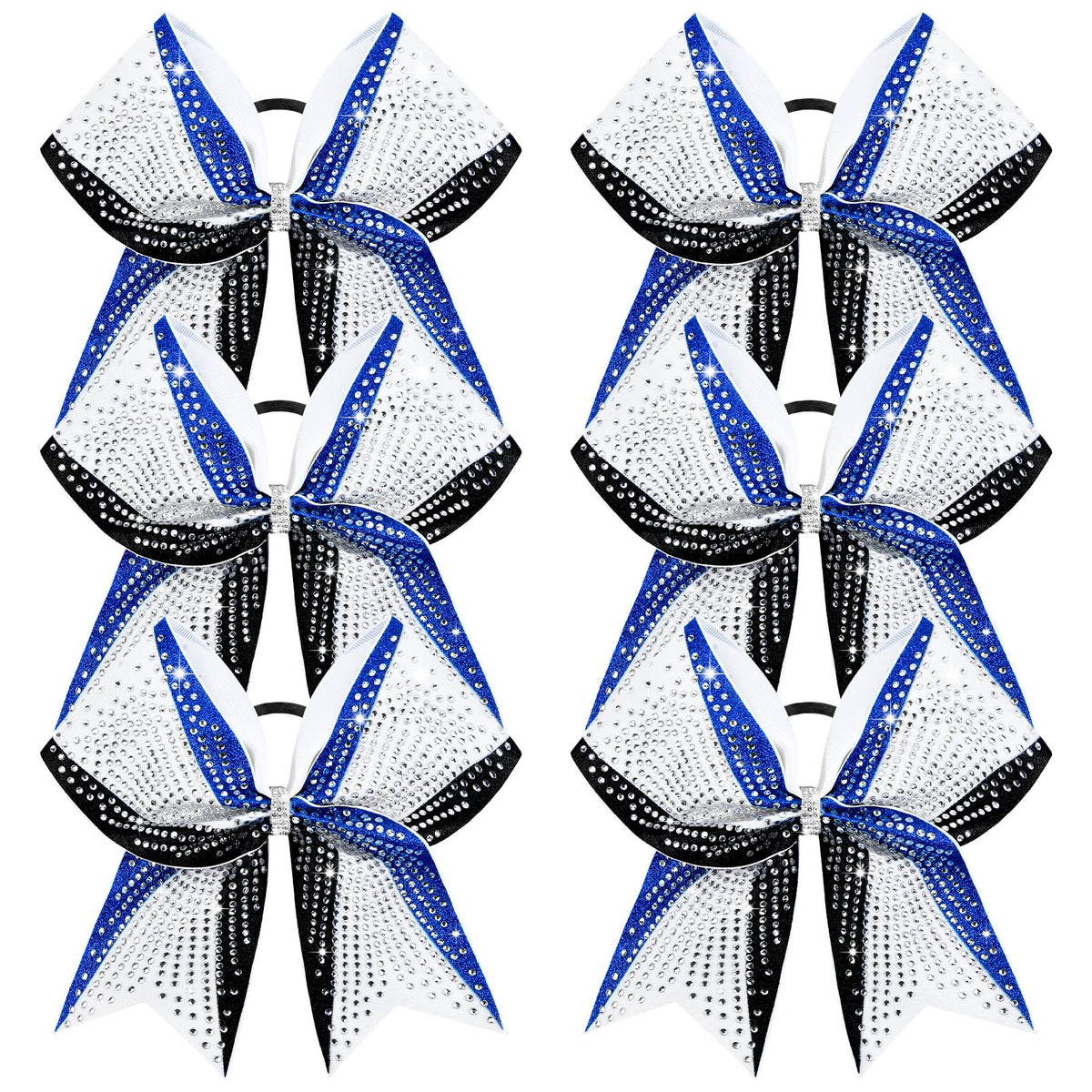 DEEKA six-pack 8-inch glitter bows in royal blue, black and white with eye-catching shine