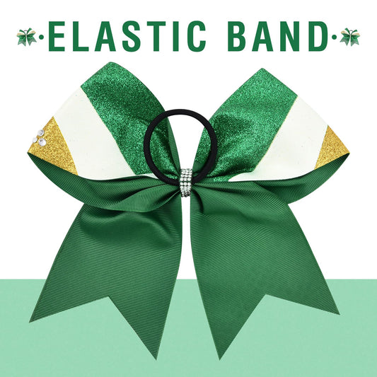 DEEKA glitter cheer bows set in green gold white show iridescent sparkle.