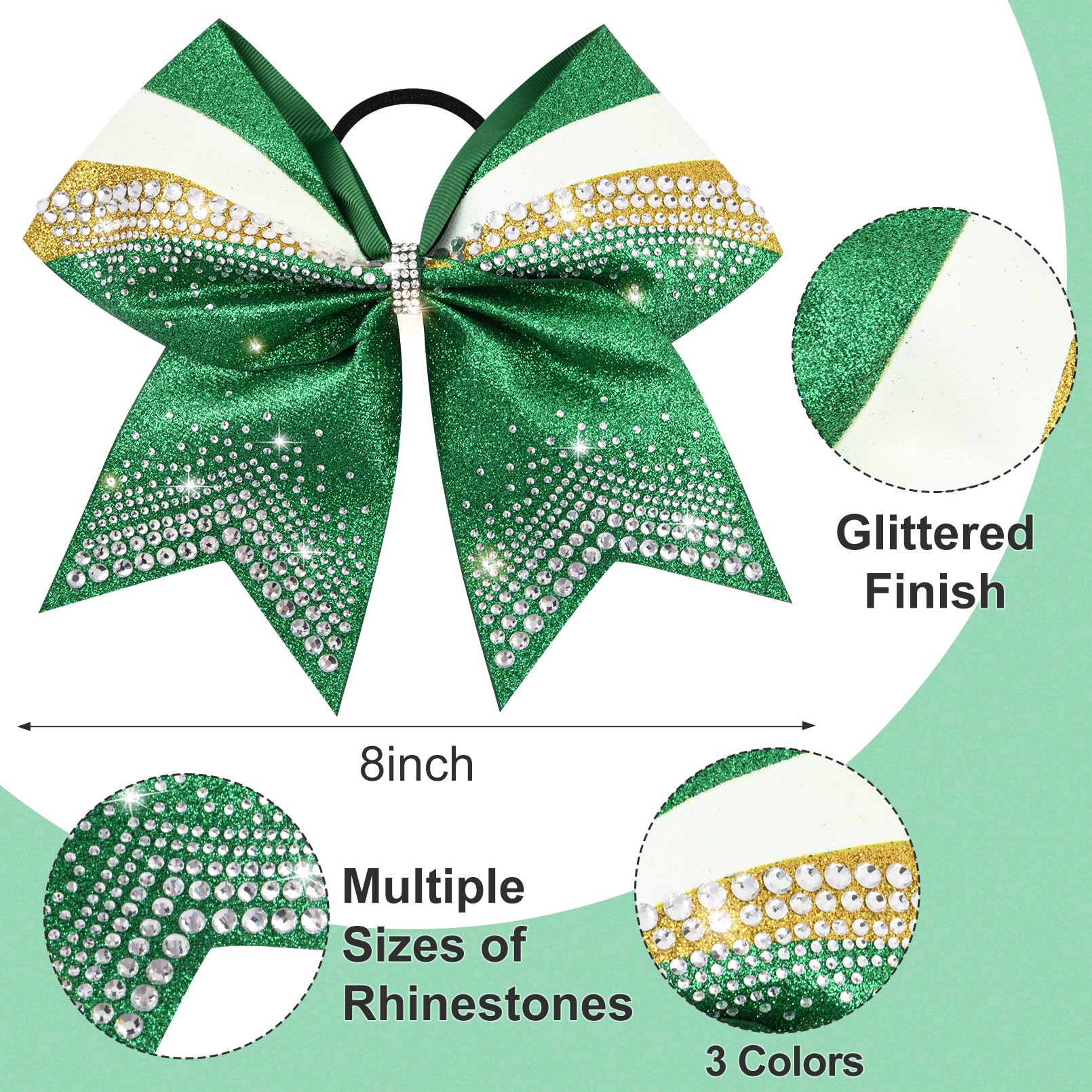 Close-up of rhinestones on DEEKA bows highlighting sparkle details.
