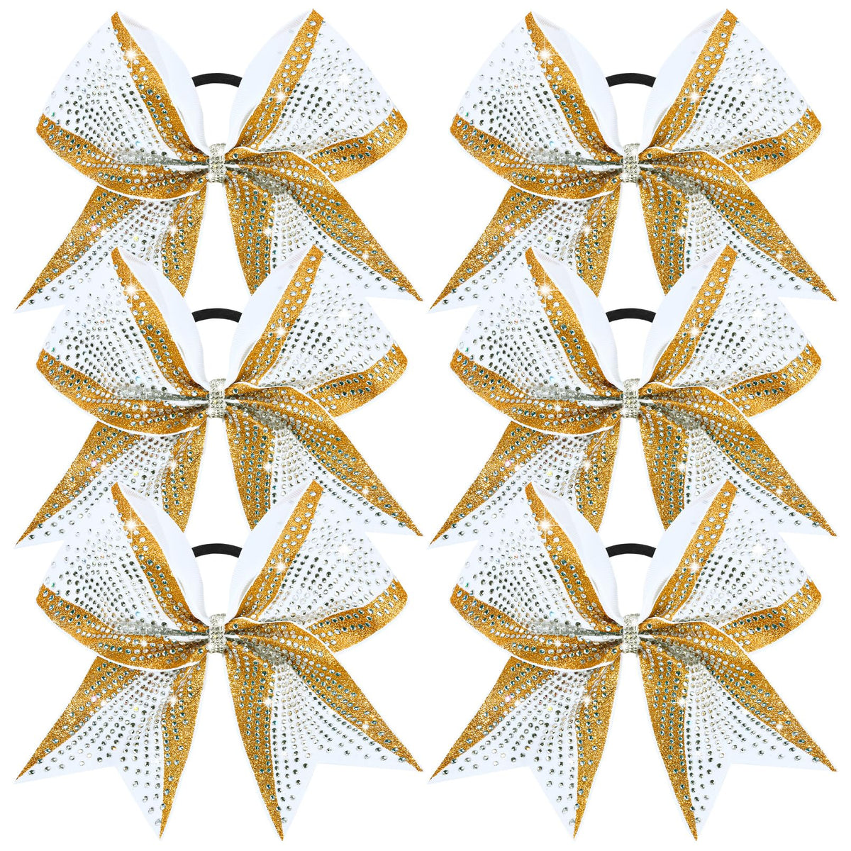 DEEKA 8inch glitter gold and white cheer bow shines from every angle for bold routines.